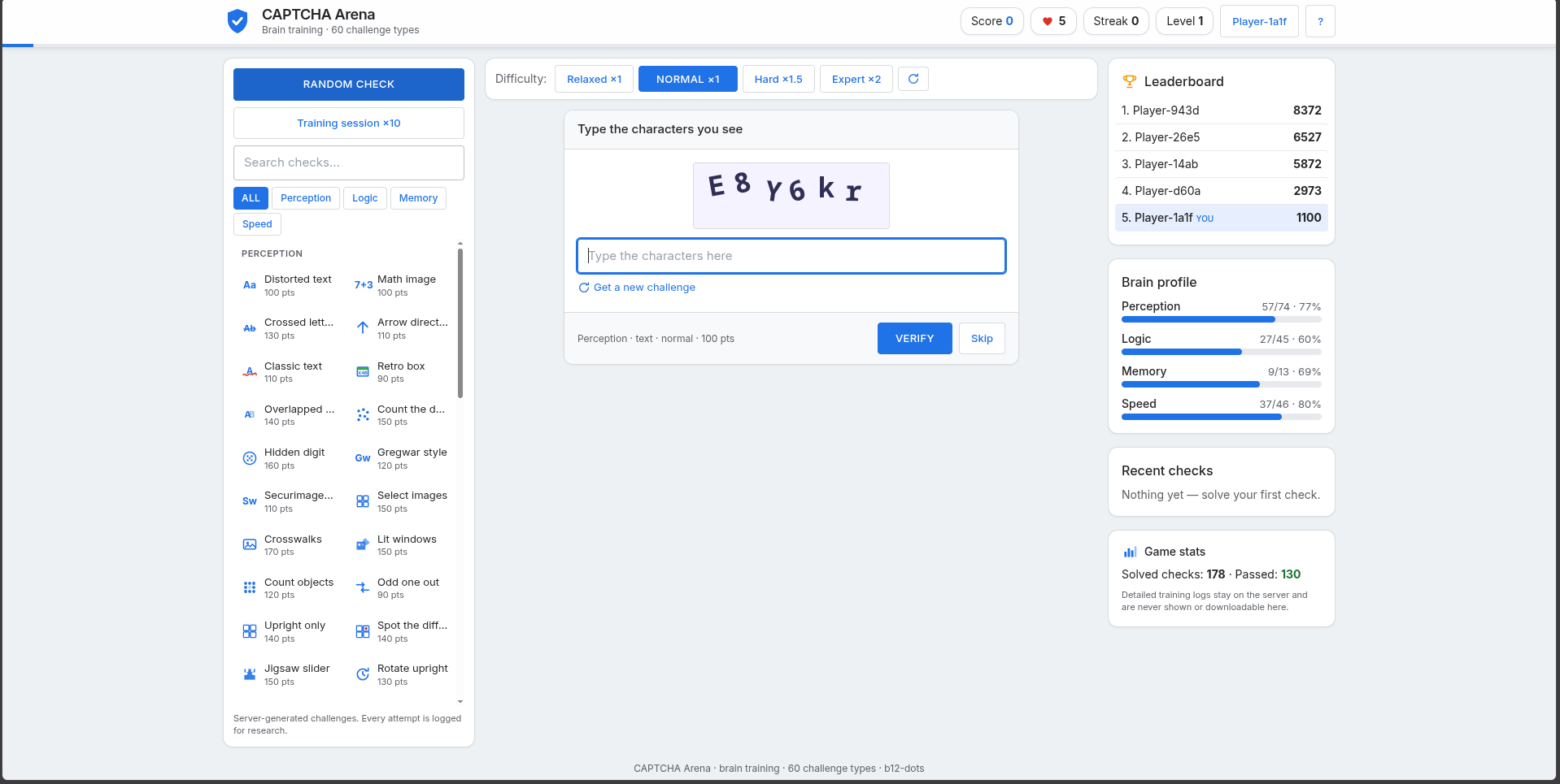 Screenshot from Cap, a brain-training game built from 60 CAPTCHA challenges.