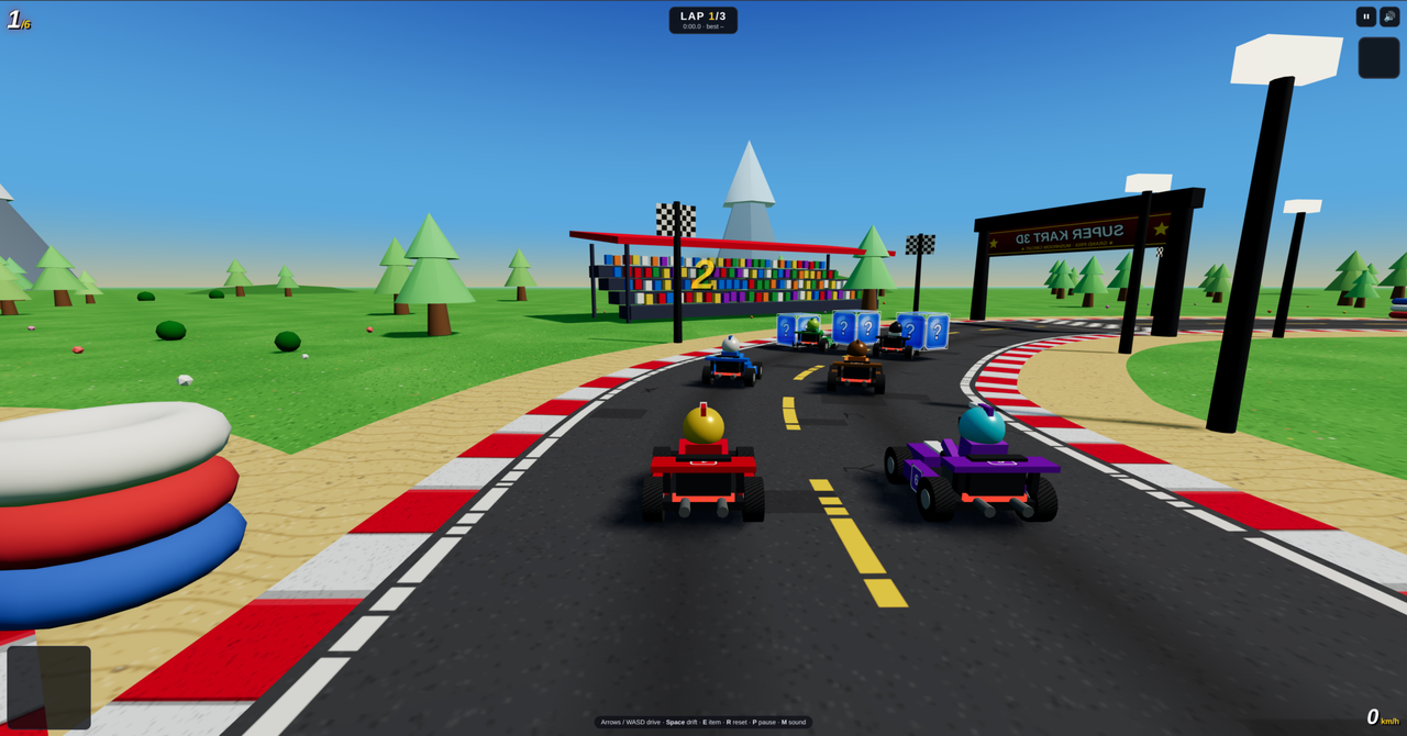 Screenshot from Mario, a 3D kart racing game with drifts, items and 3 laps.