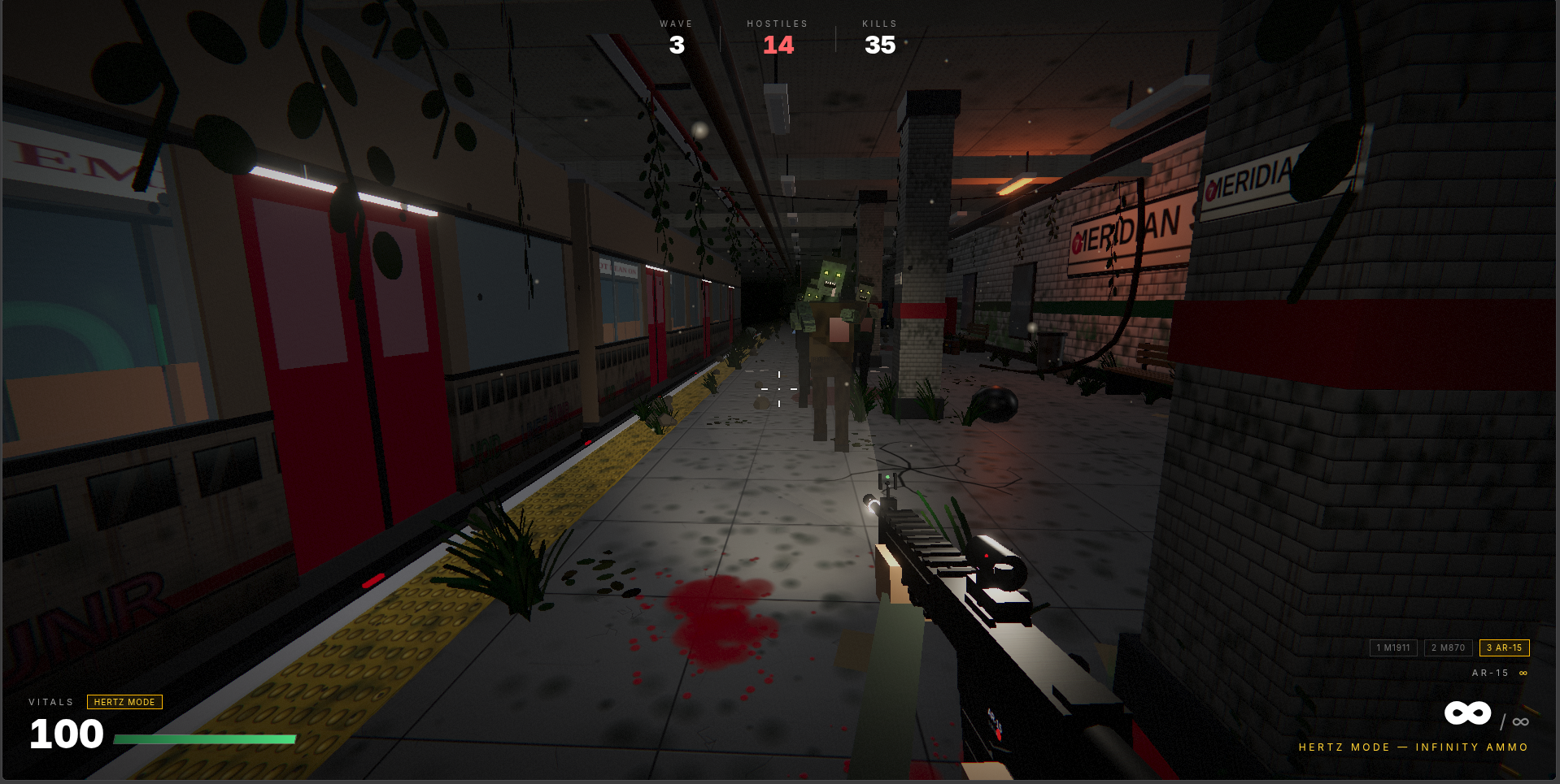 Screenshot from Subway, a first-person 3D shooter in an abandoned subway station.